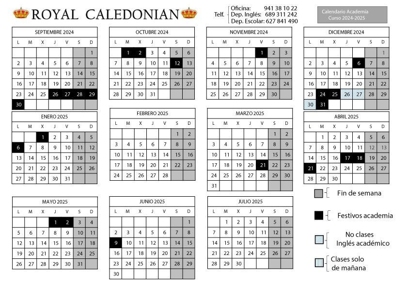 Calendario escolar 2024-2025 de la academia Royal Caledonian Arnedo